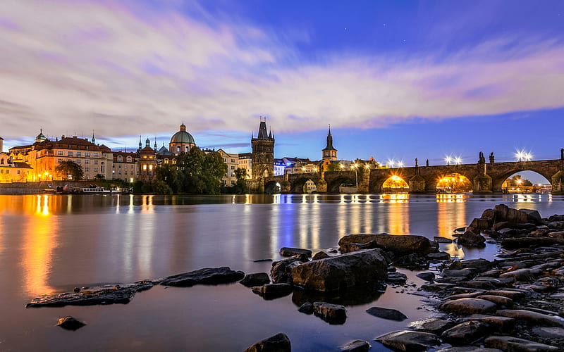 Charles Bridge, landmark, morning, sunrise, river, Prague, Czech Republic, Vltava river, HD wallpaper