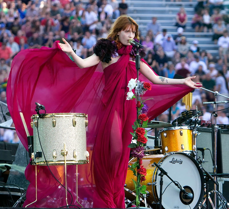Florence Welch, artist, dress, orange, music, red hair, concert, woman, singer, yelow, drums, pink, the machine, HD wallpaper