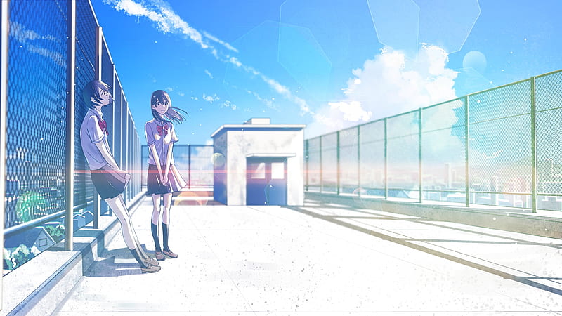 anime girls, school rooftop, clouds, scenic, Anime, HD wallpaper