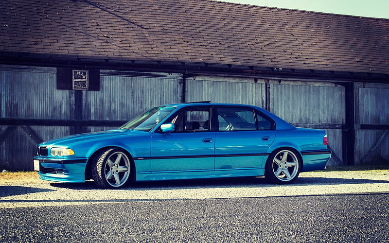 BMW 7-series, tuning, 750il, bmw e38, BBS, stance, blue BMW, HD wallpaper