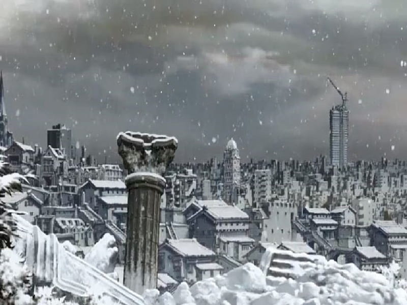 Snow, destroyed city, anime , anime landscape, ruined city, snow covered city, A City Covered In Snow, city, snowflakes, anime, anime scenery, landscape, anime city, HD wallpaper