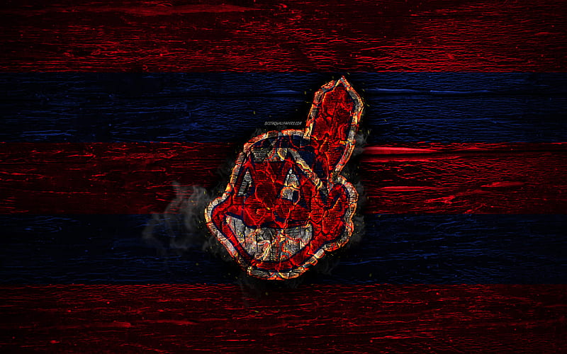 Cleveland Indians, fire logo, MLB, red and blue lines, american baseball team, grunge, baseball, Cleveland Indians logo, wooden texture, USA, HD wallpaper