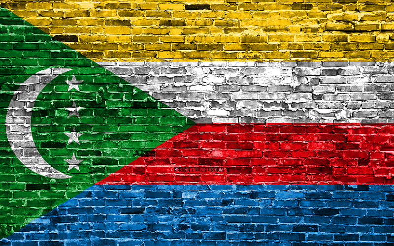 Comoros flag, bricks texture, Africa, national symbols, Flag of Comoros, brickwall, Comoros 3D flag, African countries, Comoros, HD wallpaper