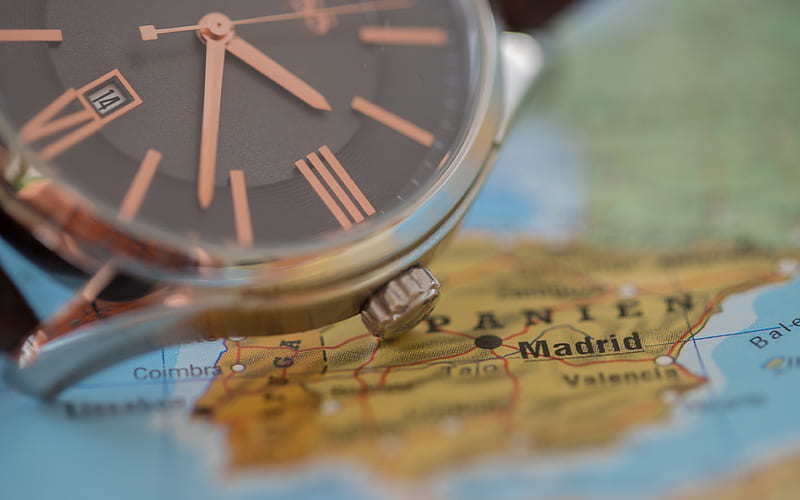 Travel to Spain, concept, clock face, map of Spain, tourism, travels, HD wallpaper