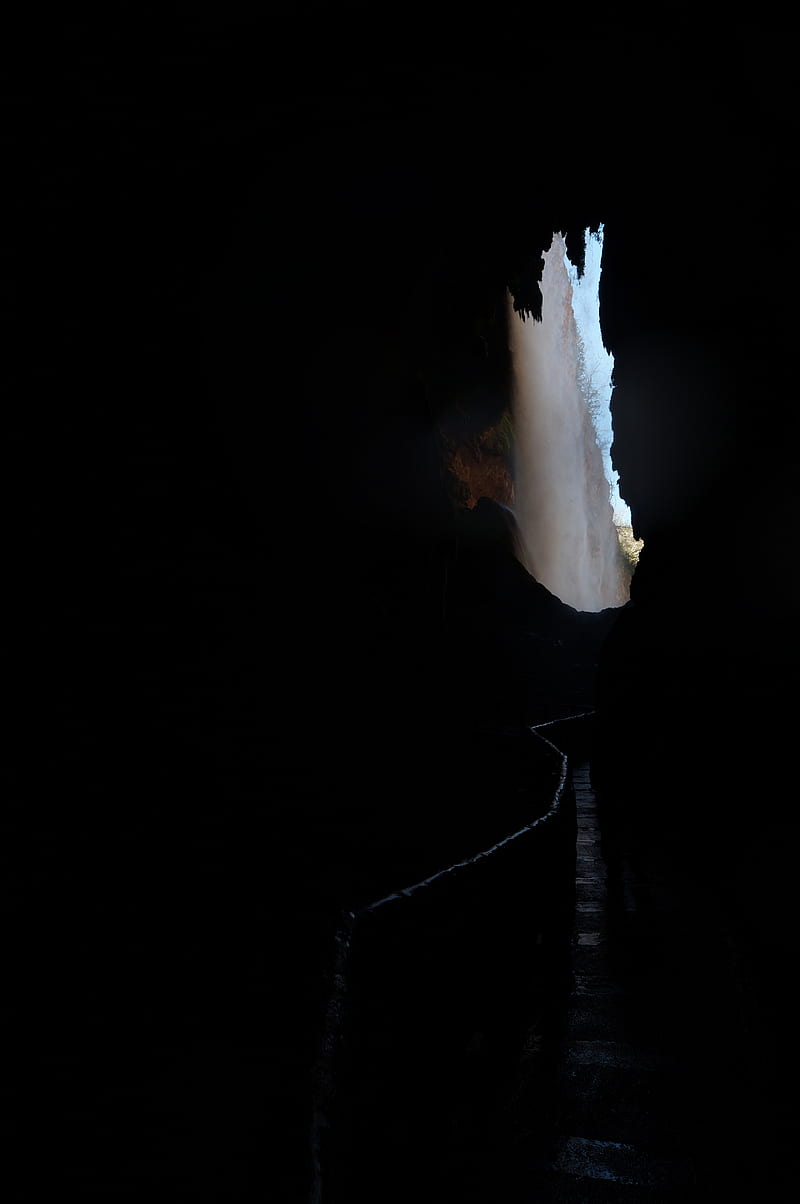 cave, waterfall, path, dark, HD phone wallpaper