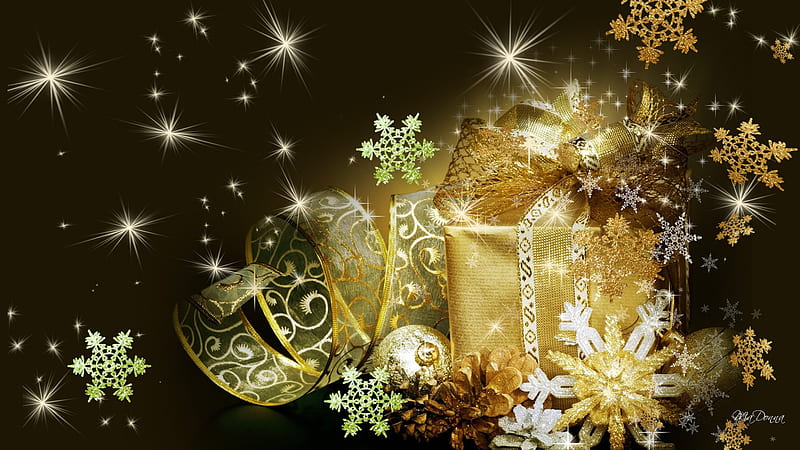 Luxurious Christmas, stars, feliz navidad, christmas, firefox persona, ribbons, snowflakes, bright, gold package, gifts, HD wallpaper