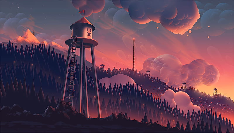 Watchtower Clouds Forest Mountain Landscape Digital Art, artist, artwork, digital-art, clouds, HD wallpaper