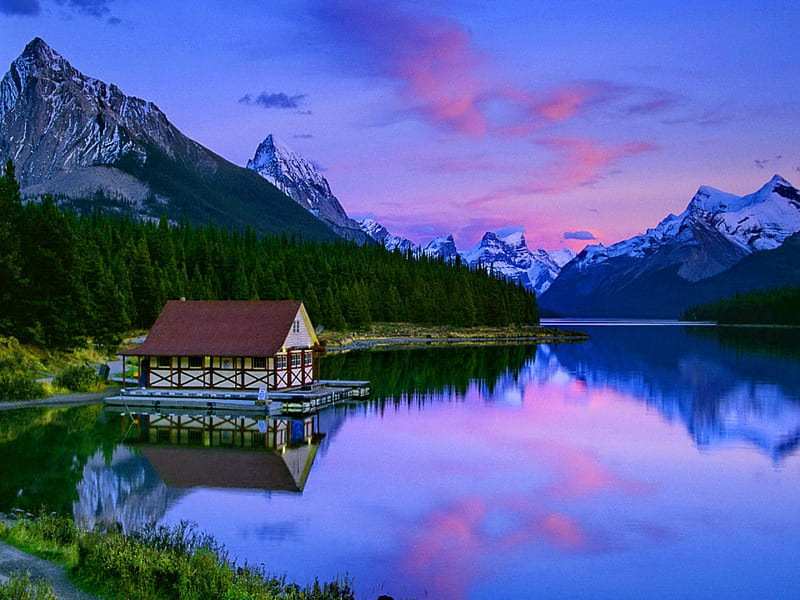 Dusk over the lake, colorful, house, cottage, dusk, cabin, twilight ...