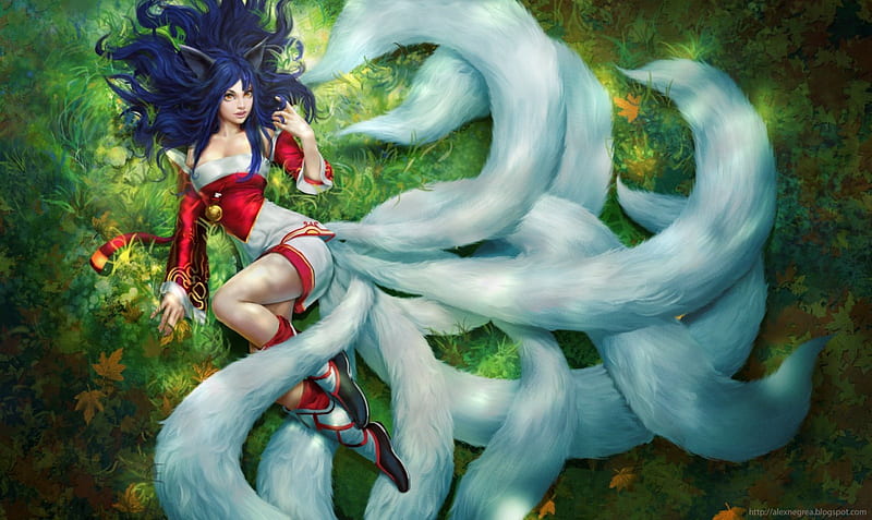 Nine Tails, pretty, grass, kitsune, cg, tails, video game, game, lol, bonito, league of legends, sweet, nice, fantasy, hot, beauty, realistic, long hair, gorgeous, female, lovely, sexy, girl, fox, blue hair, lay, ahri, laying, HD wallpaper