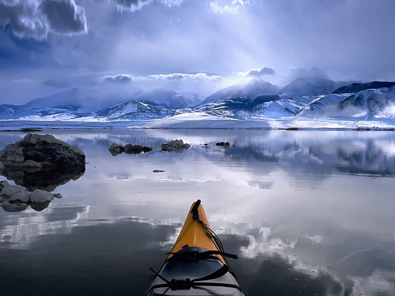 Rowing through blue, rocks, canoe, abstract, sky, lights, winter, 3d, water, rowing, beauty, blue, HD wallpaper