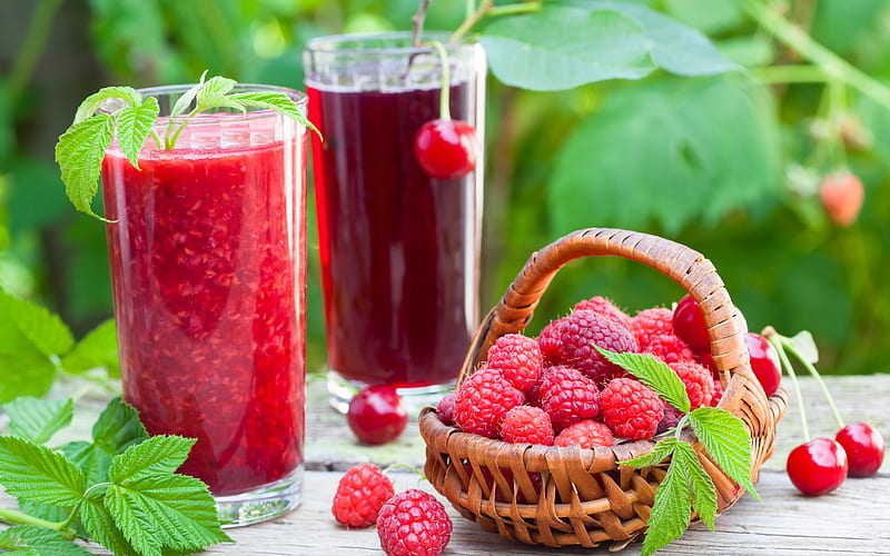 raspberry juice, Cherry juice, raspberry smoothie, berries, glass of juice, raspberries, HD wallpaper