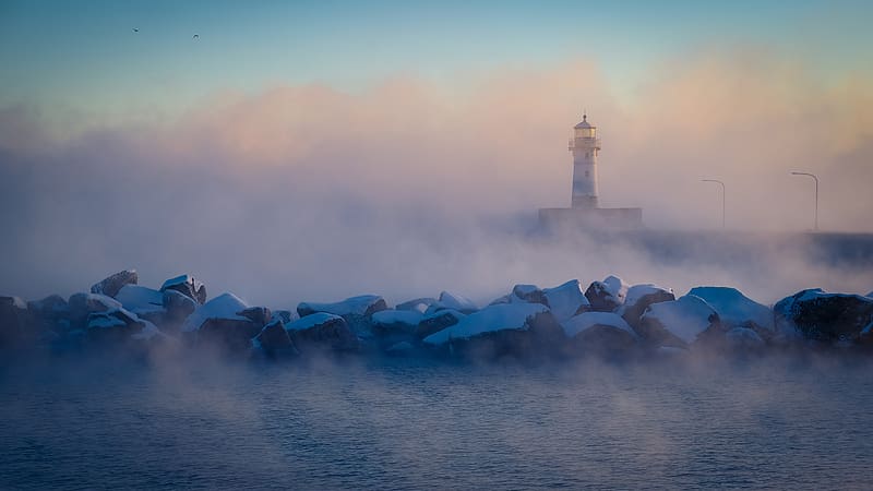 lighthouse, stones, sea, fog, HD wallpaper