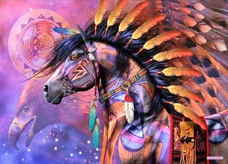 American Indian Art, colorful, art, fantasy, eagle, American Indian, horse, feathers, HD wallpaper