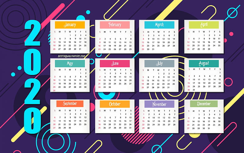 2020 Calendar, Purple 2020 retro calendar, 2020 all months calendar, 2020 New Year, 2020 concepts, purple retro background, HD wallpaper