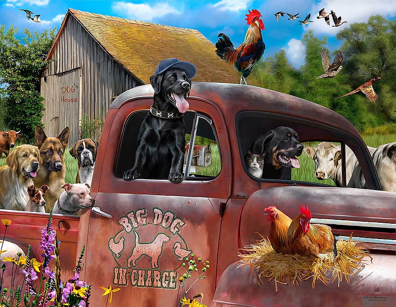 Farm animals, pictura, dog, rooster, art, cow, chicken, caine, gaina, hen, cocos, car, painting, vaca, HD wallpaper