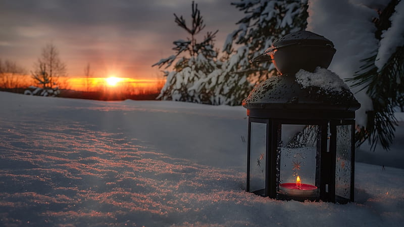 Winter Lantern , lantern, winter, candle, snow, bonito, sunset, HD wallpaper