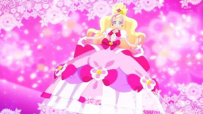 Elegant, pretty, dress, blond, adorable, floral, sweet, magical girl, blossom, nice, pretty cure, loli, anime, anime girl, long hair, pink, female, lovely, gown, cure flora, lolita, blonde, blonde hair, blond hair, cute, kawaii, girl, precure, flower, petals, HD wallpaper