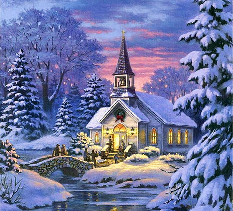 Winter Sunday, sunset, church, trees, artwork, firs, snow, bridge ...
