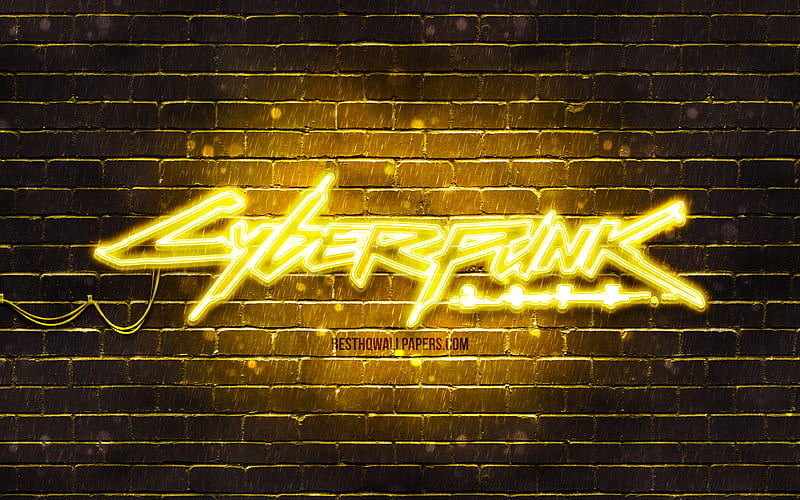 Cyberpunk 2077 yellow logo yellow brickwall, artwork, Cyberpunk 2077 logo, RPG, Cyberpunk 2077 neon logo, Cyberpunk 2077, HD wallpaper