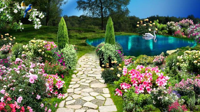 ~*~ Lovely Spring ~*~, , birds, flowers, nature, spring, spring landscape, lake, landscape, HD wallpaper