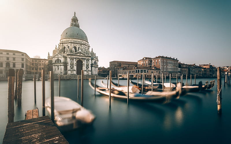 Santa Maria della Salute, Venice, morning, sunrise, boats, canal, Italy, HD wallpaper