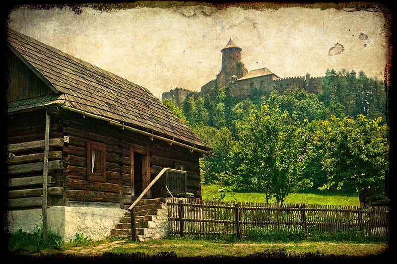 Carpatian old village, brown, houses, places, trees, old, arhitecture, slovakia, fench, texture, stara lubovna castle, village, castle, HD wallpaper