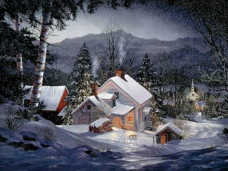 DECEMBER EVE, house, snow, evening, trees, winter, HD wallpaper | Peakpx