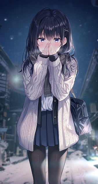Anime girl, school uniform, winter, scarf, black hair, frozen tree ...