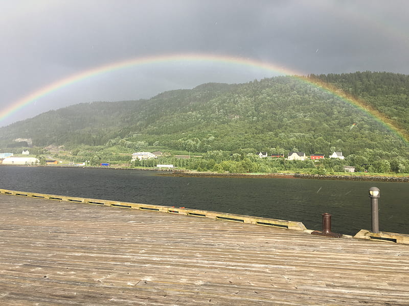 Rainbow, fiord, Orkanger, molo, fishing, HD wallpaper