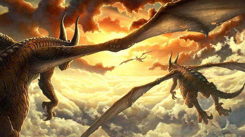 dragon trail wings sunset, dinosaur, clouds, dragon, HD wallpaper