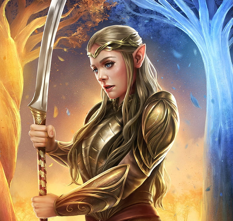 Fantasy female warrior in a golden armor with a crown. Character