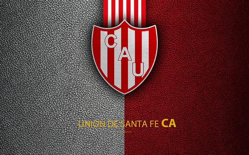 Union de Santa Fe logo, Argentina, leather texture, football, Argentinian football club, Union FC, emblem, Superliga, Argentina Football Championships, First Division, HD wallpaper