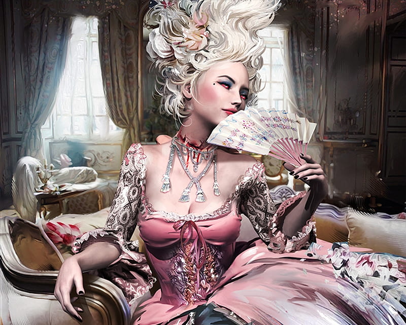 Revival Antoinette, fantasy, yayashin, luminos, girl, marie antoinette, evantai, pink, hand fan, frumusete, HD wallpaper