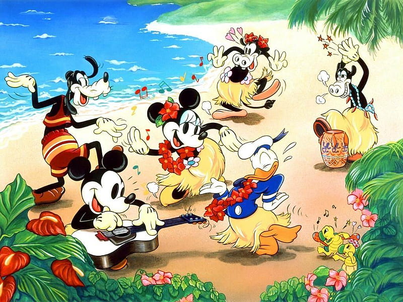Disney hula day, minnie mouse, notes, donald duck, mickey mouse, dancing, sea, hula, beach, sand, daffy duck, flowers, pluto, cow, music, turtle, trees, water, dance, HD wallpaper