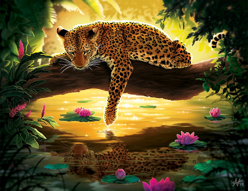 leopard, water, art, tree, water lilies, HD wallpaper