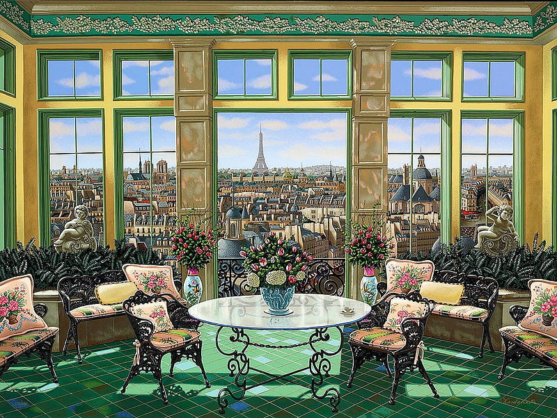 Victorian Room, table, city, france, window, paris, chairs, flowers, painting, HD wallpaper