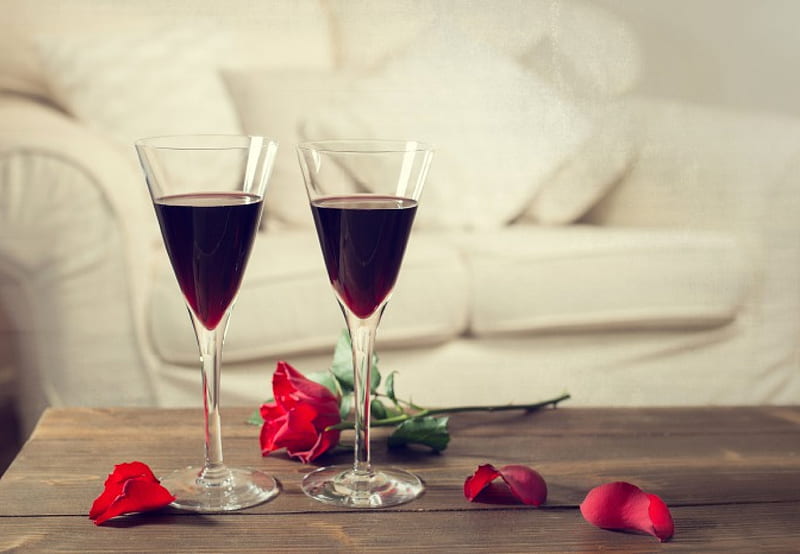 To toast to the love, red, rose, wine, lobes, flower, glasses, valentine, HD wallpaper