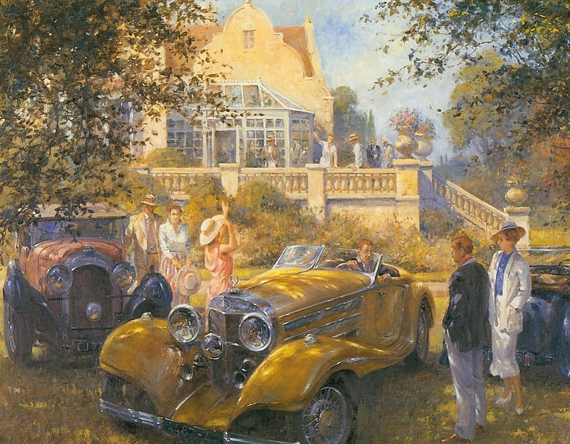 The visit by Alan Fearnley, house, yellow, woman, green, people, car, painting, visitor, vintage, art, man, retro, tree, mansion, lady, white, alan fearnley, HD wallpaper