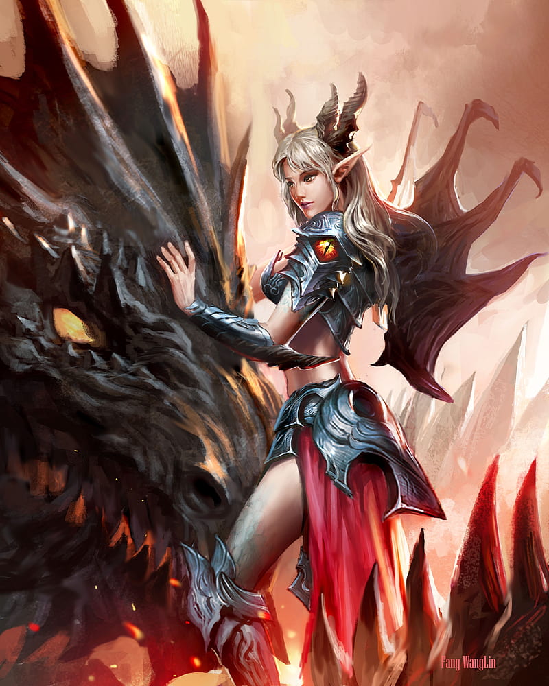 artwork, fantasy art, fantasy girl, women, dragon, armor, Armored, wings, horns, HD phone wallpaper