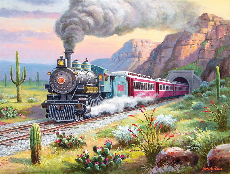 Desert Run, mountains, locomotive, train, painting, steam, railways, artwork, HD wallpaper