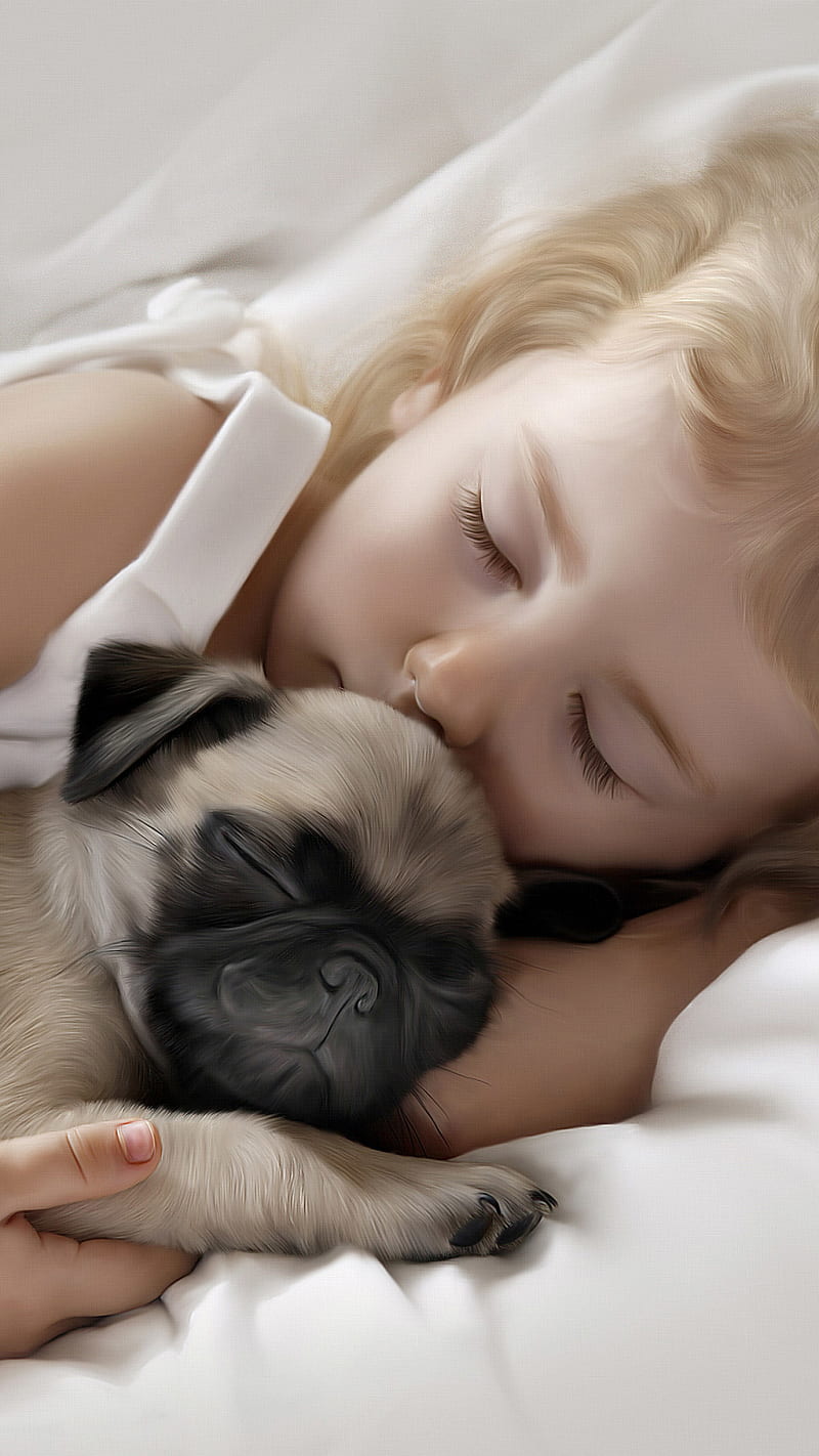 Adorable Little Girl Sleeping , artist, dog, pug, cute, child, little girl, HD phone wallpaper