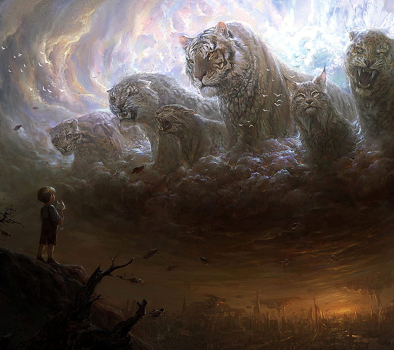 Beast Of The Clouds, awesome, boy, cats, fantasy, future, painting, scifi, HD wallpaper