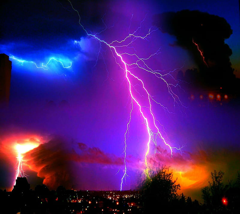 Colorful Lightning, 2014, bonito, colorful, cool lights, new, nice, thunder, view, HD wallpaper
