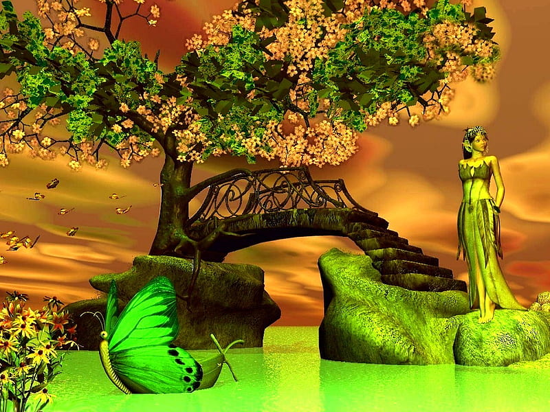 PEA GREEN BOAT SAILS, golden, butterflies, sky, tree, boat, water, green, blossoms, neon, fairy, HD wallpaper