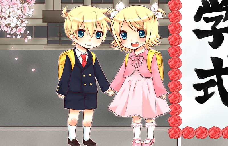 ~Little Rin & Len~, cute, suit, vocaloid, anime, siblings, flowers, pink dress, rin and len kagamine, HD wallpaper