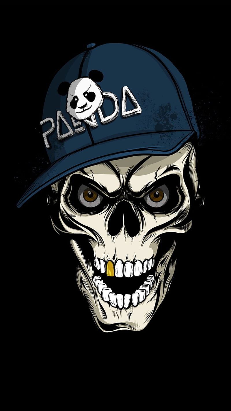 panda skull, hat, blue, panda, skull, golden tooth, teeth, eyes, funny, humor, HD phone wallpaper