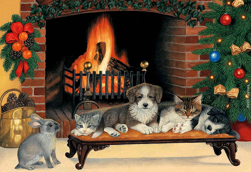 Keeping Cozy, table, rabbit, christmas tree, garland, fireplace, flame, grate, cats, dog, HD wallpaper