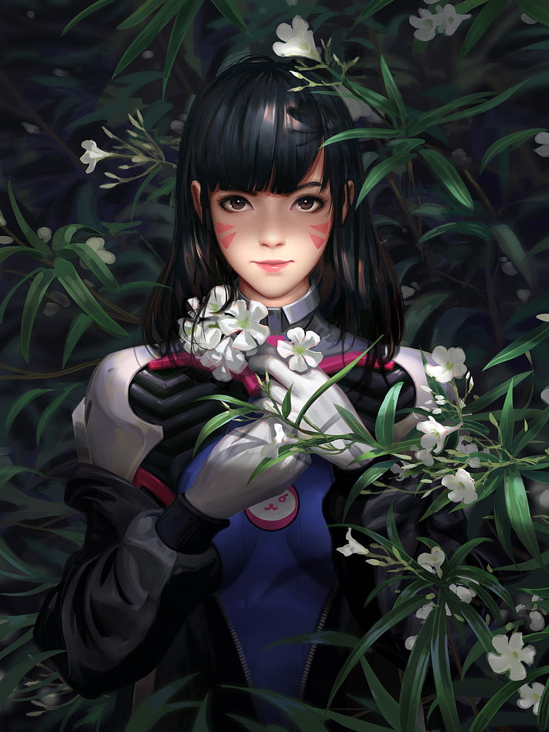 D.Va (Overwatch), Overwatch, video games, video game characters, video game girls, portrait display, brunette, face paint, jacket, gloves, looking at viewer, flowers, nature, plants, fan art, artwork, drawing, digital art, Liang Xing, Liang-Xing, HD phone wallpaper