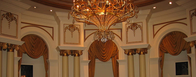 Vegas Architecture with columns, arches, Modern, brown, chandelier, light, HD wallpaper