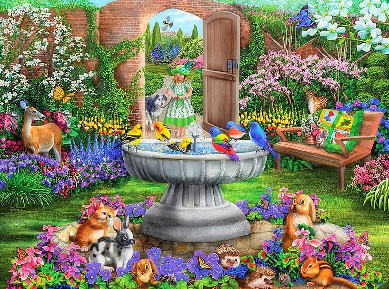 Hidden Garden, fountain, love four seasons, birds, butterflies, attractions in dreams, spring, paintings, garden, flowers, nature, butterfly designs, animals, HD wallpaper